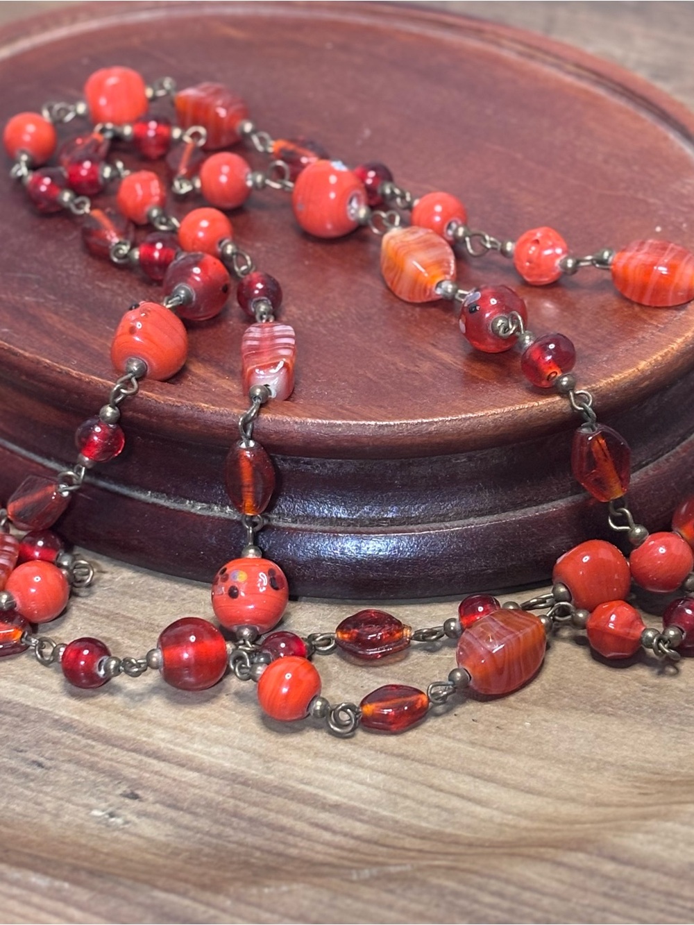 Gorgeous Art Glass Beaded Necklace in Beautiful Orange Tones